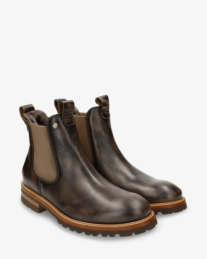 Elvin Igloo botín de piel con forro interior de pelo natural. taupe